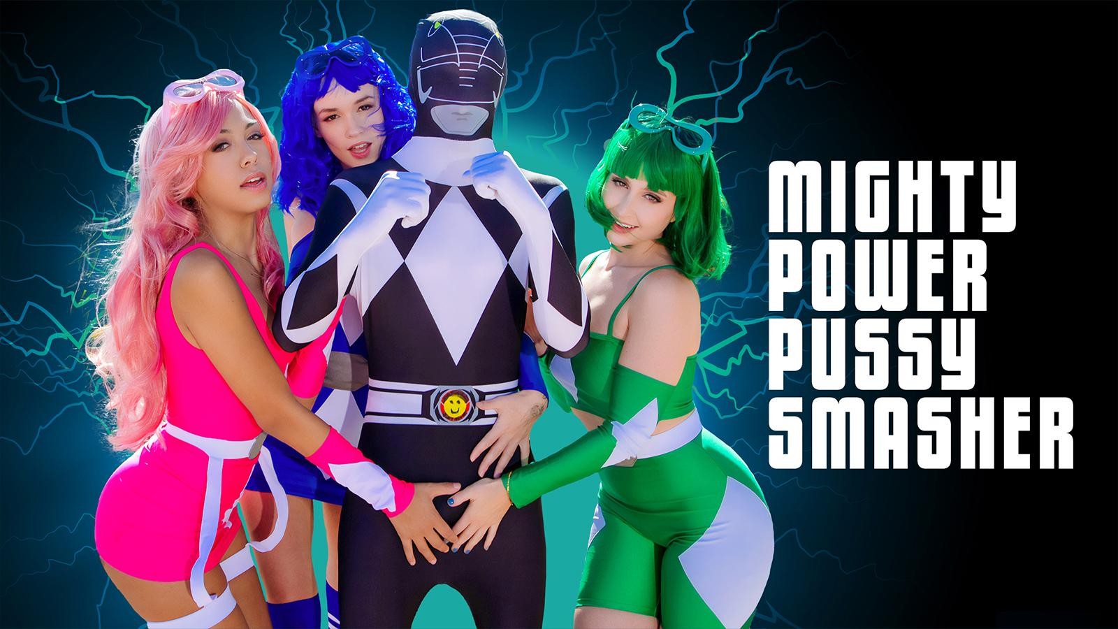 Watch out, monsters! The Mighty Power Pussy Smashers are here to bring justice to the world in the sexiest way possible. Bianca, Khloe, Laney, and Elias are part of this team of horny superheroes that won’t stop until evil is defeated. Yet, things haven’t been working out so well lately, as the girl smashers were recently beaten by one of the worst enemies they've encountered. The gals are pissed because had Elias, the black smasher, been there to fight alongside them, they would have won. Back in a safe place to recover, Elias shows up and apologizes for being asleep while the fight happened. The other Pussy Smashers are mad and threaten him with their power dildos to tell Zordon, their leader, about this. Elias has one way out, though: they won’t tell Zordon that he didn't help them in the fight in exchange for his cock.
